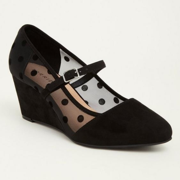 Size 12 wide Torrid Polka Dot mesh mini Wedge black sandals shoes - Picture 1 of 8